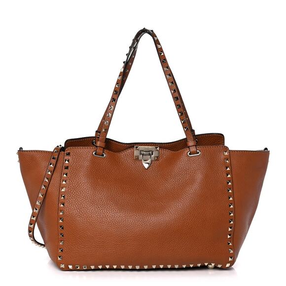 Valentino Light Leather Pebbled Calfskin Rockstud Tote Bag Brown Medium - Picture 1 of 13